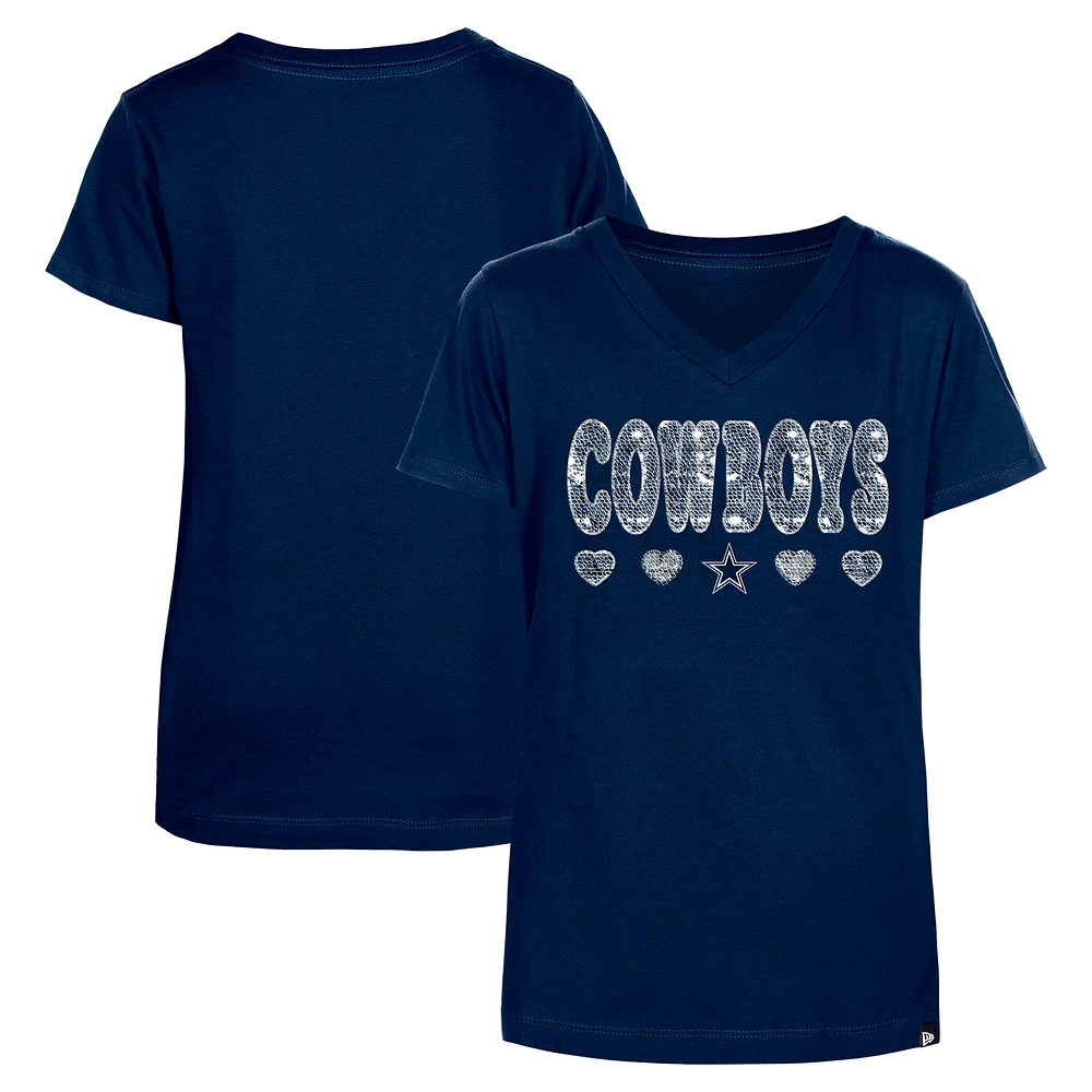 Girls Youth New Era Navy Dallas Cowboys Flip Sequin V-Neck T-Shirt