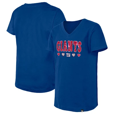 Girls Youth New Era Royal York Giants Flip Sequin V-Neck T-Shirt