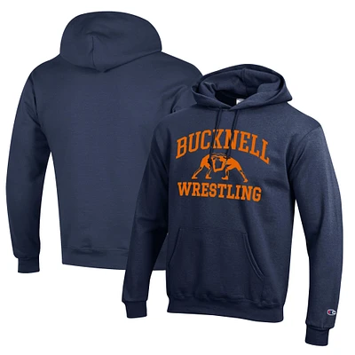 Men's Champion Navy Bucknell Bison Wrestling Icon Powerblend Pullover Hoodie