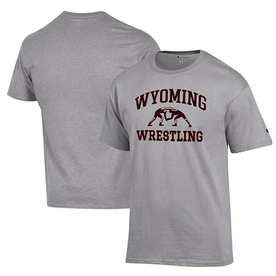 Men's Champion Heather Gray Wyoming Cowboys Wrestling Icon T-Shirt
