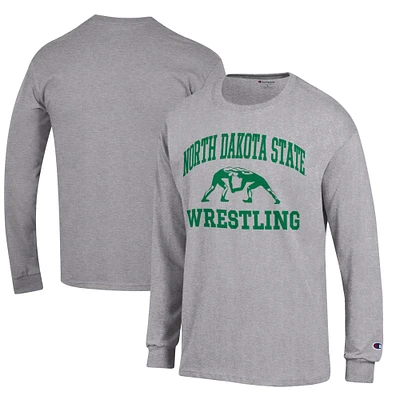 Men's Champion Heather Gray NDSU Bison Wrestling Icon Long Sleeve T-Shirt