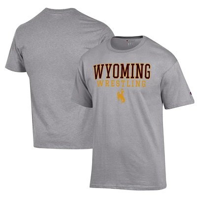 Men's Champion Gray Wyoming Cowboys Wrestling Stack Logo T-Shirt