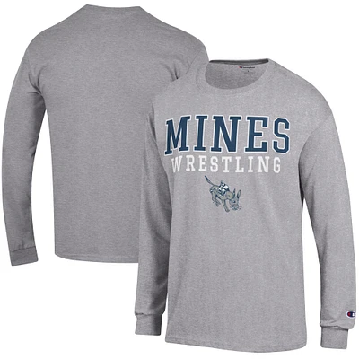 Men's Champion Heather Gray Colorado School of Mines Orediggers Wrestling Stacked Logo Long Sleeve T-Shirt