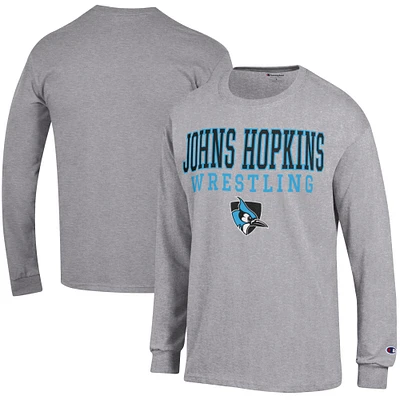 Men's Champion Heather Gray Johns Hopkins Blue Jays Wrestling Stacked Logo Long Sleeve T-Shirt