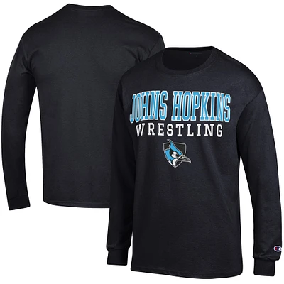 Men's Champion Black Johns Hopkins Blue Jays Wrestling Stacked Logo Long Sleeve T-Shirt