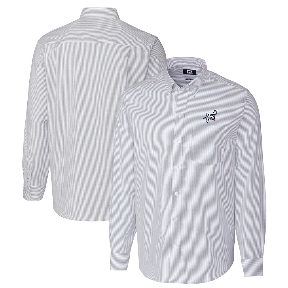 Men's Cutter & Buck Light Blue Reading Fightin Phils Oxford Stretch Stripe Long Sleeve Button-Down Dress Shirt