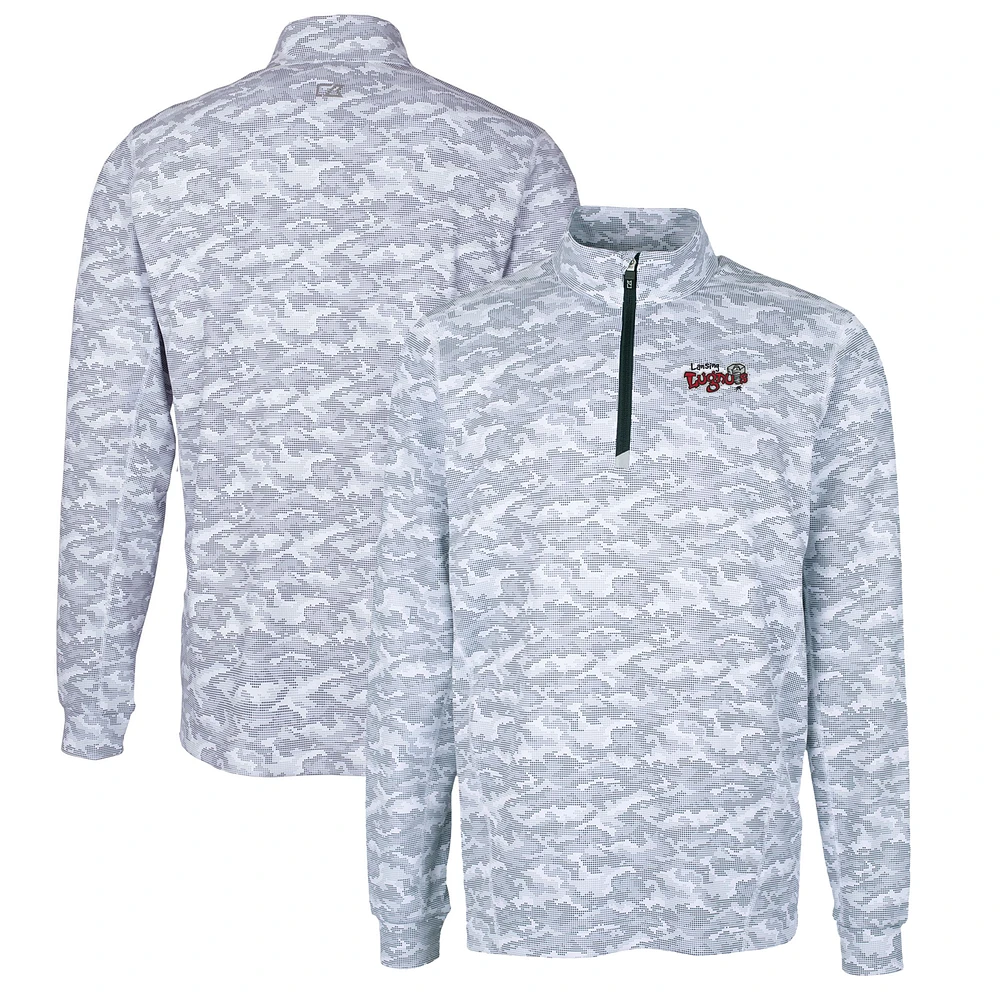 Men's Cutter & Buck Charcoal Lansing Lugnuts Traverse Camo Print Stretch Quarter-Zip Pullover Top