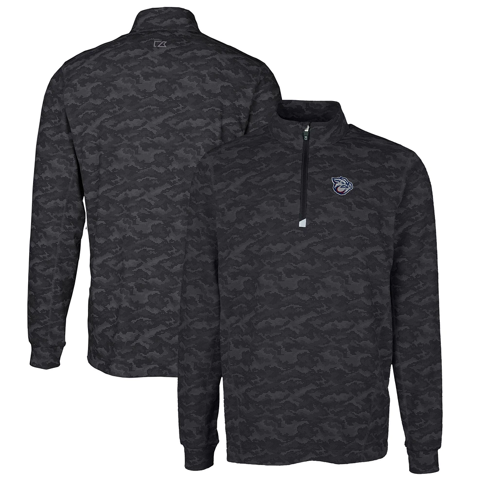 Men's Cutter & Buck Black Lehigh Valley IronPigs Traverse Camo Print Stretch Quarter-Zip Pullover Top