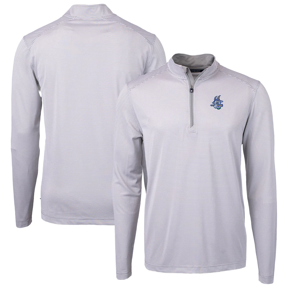Men's Cutter & Buck Gray/White Hartford Yard Goats Virtue Eco Pique Micro Stripe Recycled Quarter-Zip Pullover Top