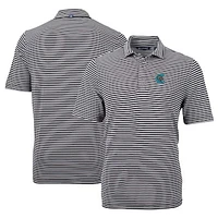 Men's Cutter & Buck Black Charlotte Knights DryTec Virtue Eco Pique Stripe Recycled Polo