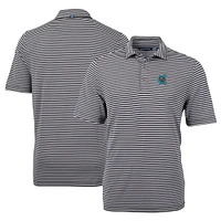 Men's Cutter & Buck Black Charlotte Knights DryTec Virtue Eco Pique Stripe Recycled Polo