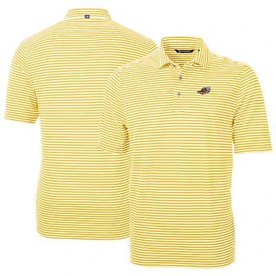 Men's Cutter & Buck Gold Akron RubberDucks DryTec Virtue Eco Pique Stripe Recycled Polo