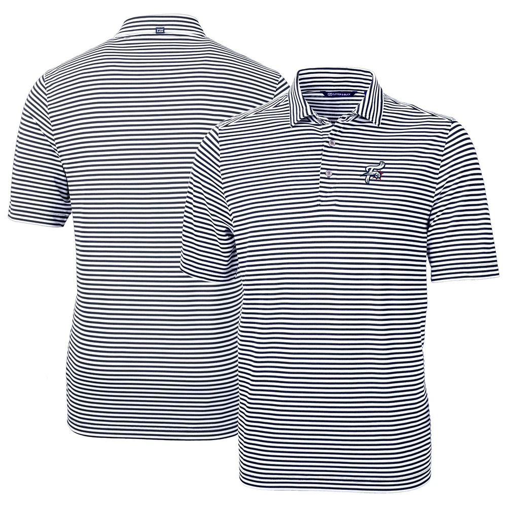 Men's Cutter & Buck Navy Reading Fightin Phils DryTec Virtue Eco Pique Stripe Recycled Polo