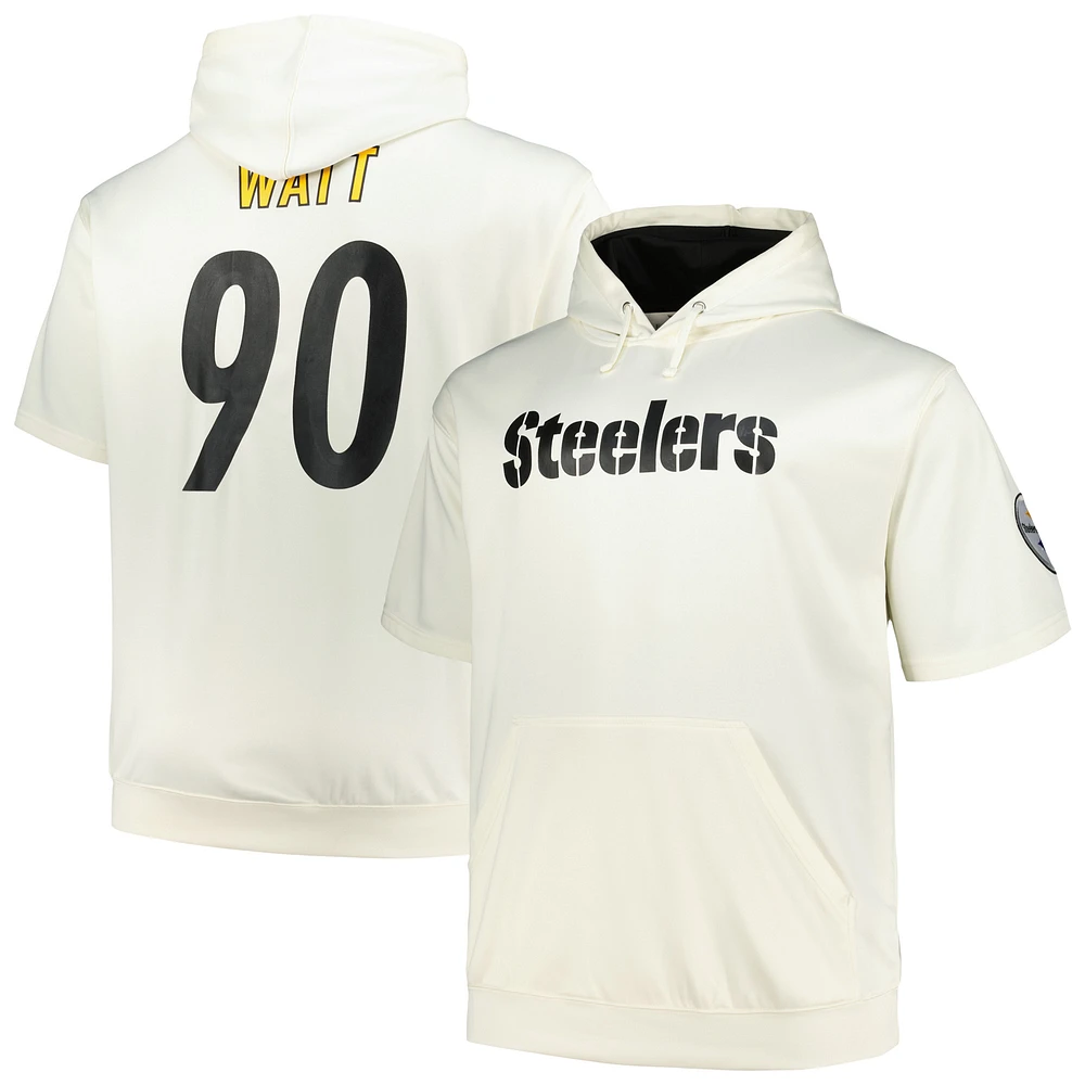 Men's Fanatics T.J. Watt Cream Pittsburgh Steelers Big & Tall Short Sleeve Hoodie T-Shirt