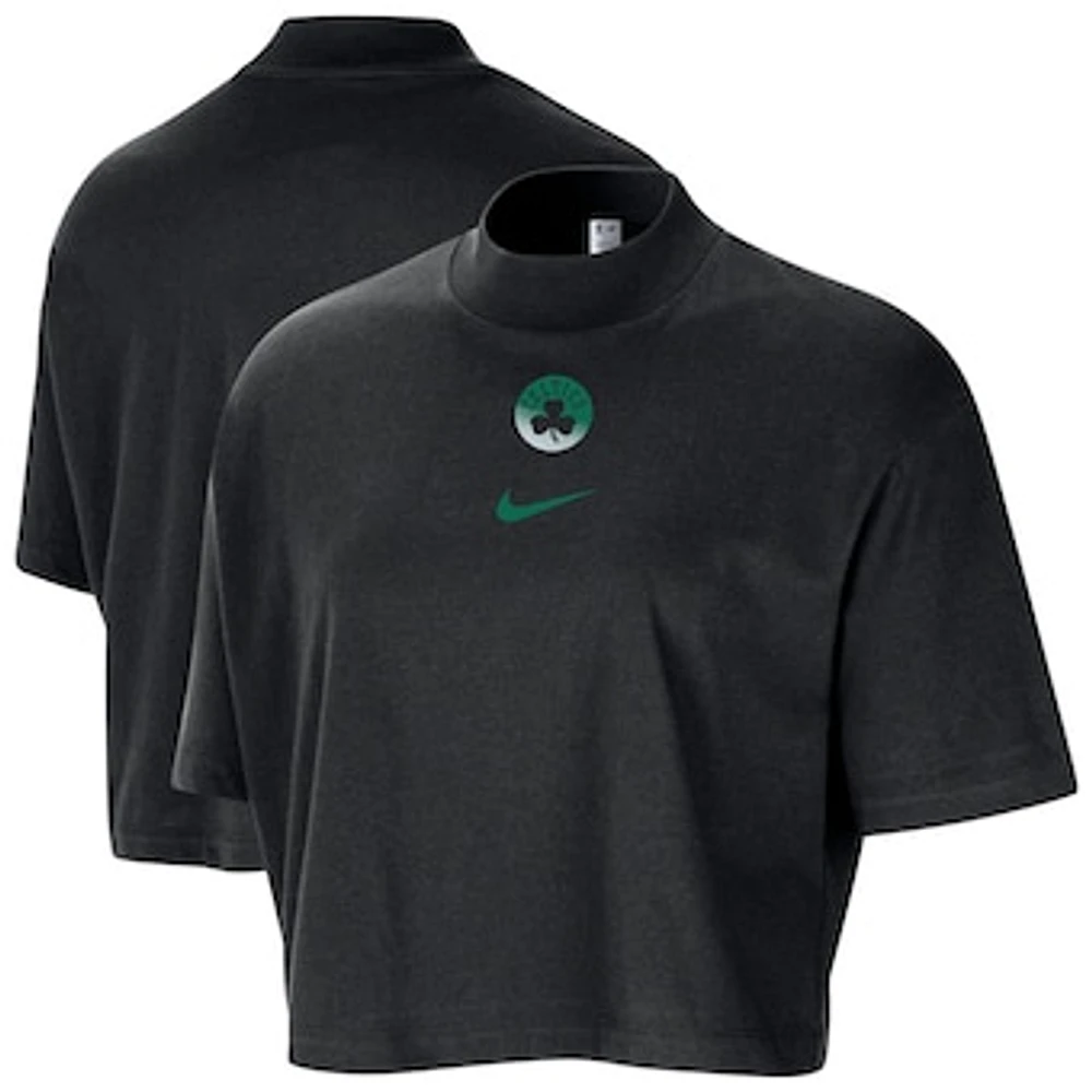 Women's Nike Black Boston Celtics Courtside Mock Neck Loose Fit Cropped T-Shirt