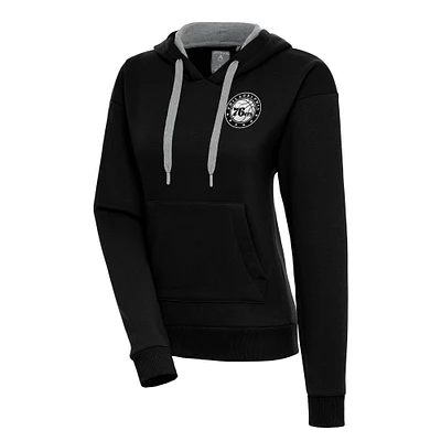 Women's Antigua  Black Philadelphia 76ers Metallic Logo Victory Pullover Hoodie