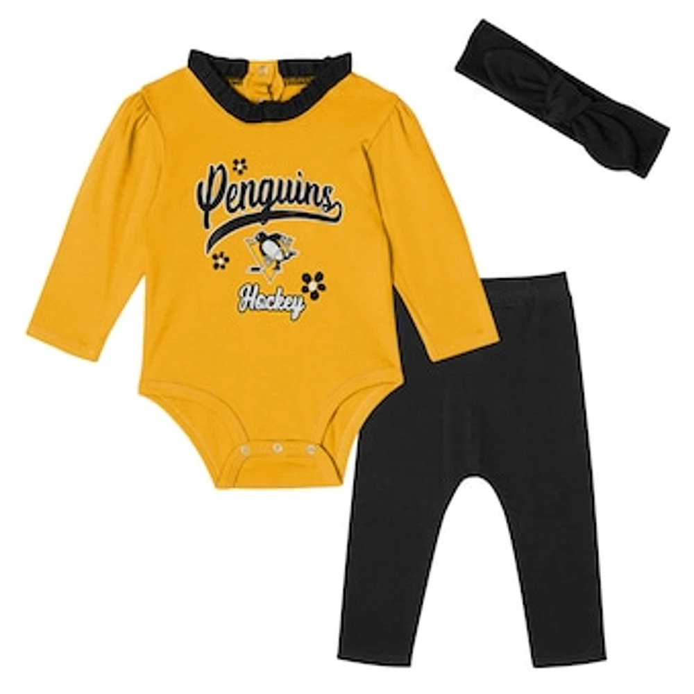 Girls Infant Pittsburgh Penguins 3-Piece Rink Queen Long Sleeve Bodysuit, Pants & Headband Set