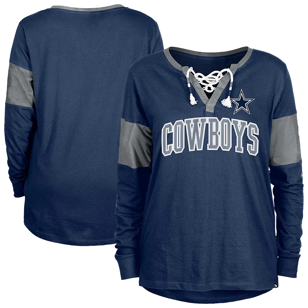 Women's New Era Navy Dallas Cowboys Lace-Up Notch-Neck Long Sleeve T-Shirt