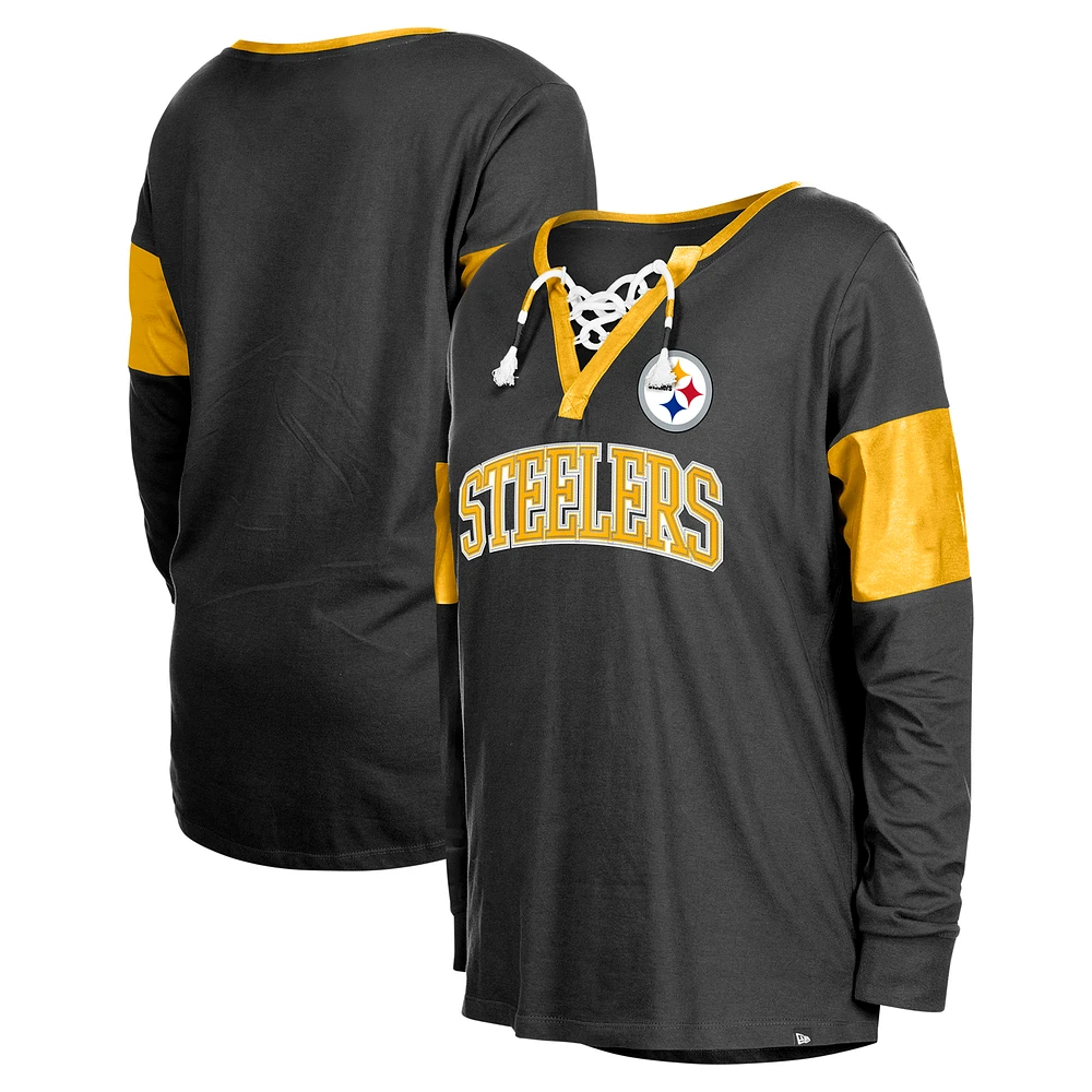 Women's New Era Black Pittsburgh Steelers Lace-Up Notch-Neck Long Sleeve T-Shirt