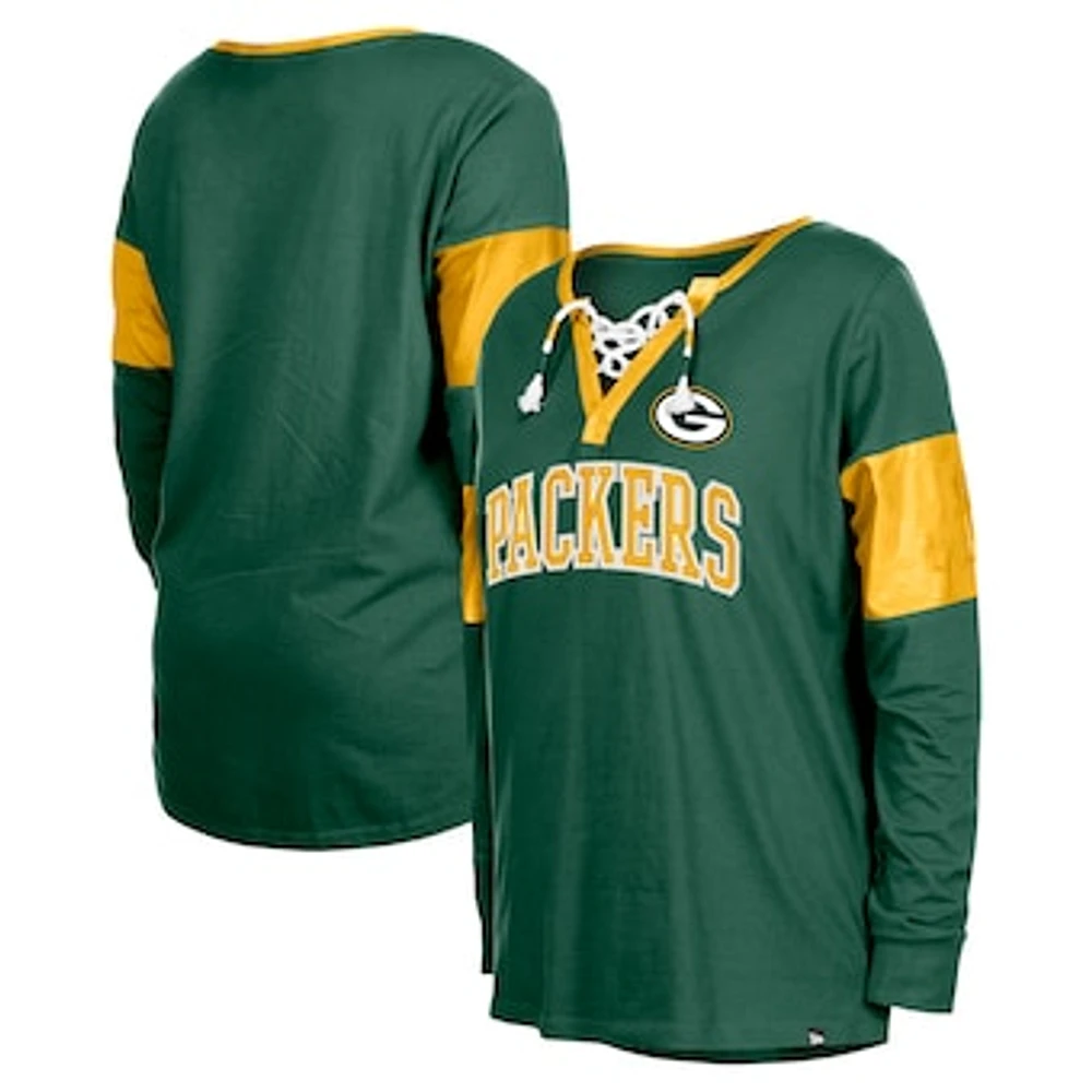 Women's New Era Green Bay Packers Lace-Up Notch-Neck Long Sleeve T-Shirt