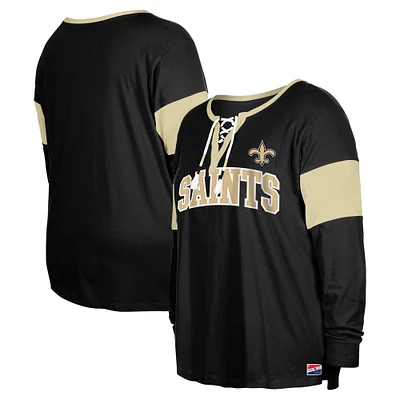 Women's New Era Black Orleans Saints Plus Lace-Up Notch Neck Long Sleeve T-Shirt