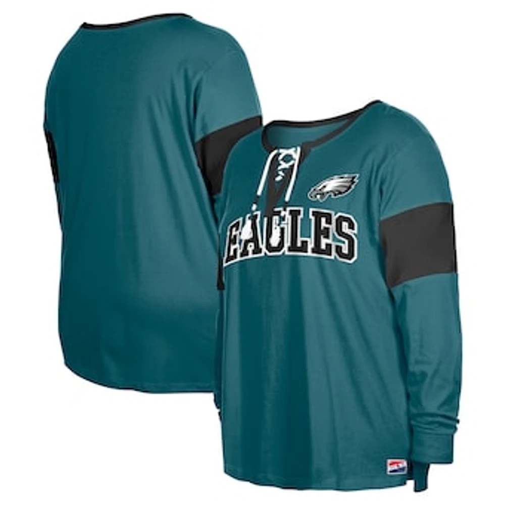 Women's New Era Midnight Green Philadelphia Eagles Plus Lace-Up Notch Neck Long Sleeve T-Shirt