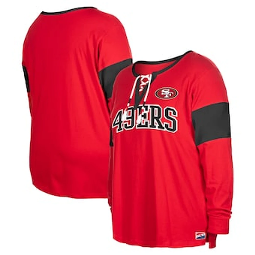 Women's New Era Scarlet San Francisco 49ers Plus Lace-Up Notch Neck Long Sleeve T-Shirt