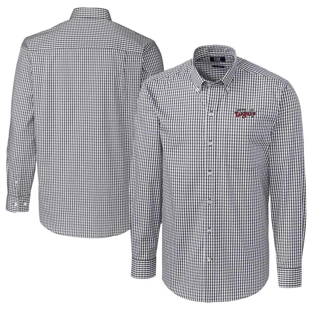 Men's Cutter & Buck Charcoal Lansing Lugnuts Big Tall Easy Care Stretch Gingham Long Sleeve Button-Down Shirt