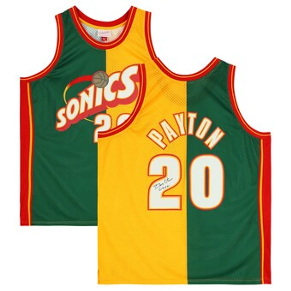 Gary Payton Seattle SuperSonics Autographed Mitchell & Ness Green & Gold Split 1995-96 Swingman Jersey with "The Glove" Inscription