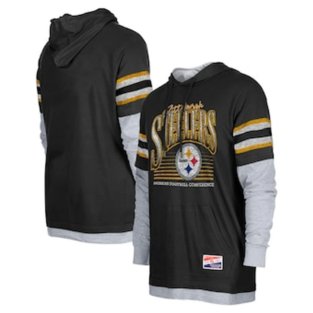 Men's New Era Black Pittsburgh Steelers Twofer Long Sleeve Hooded T-Shirt