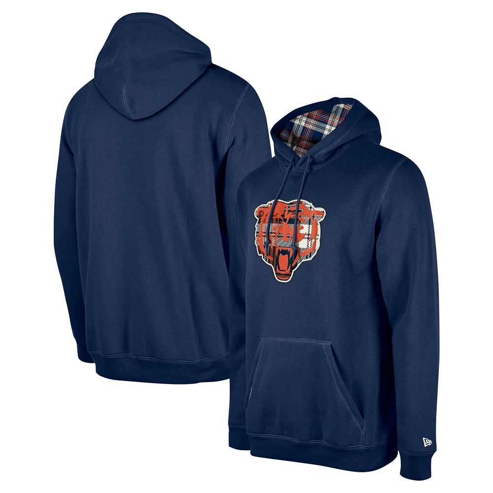 Men's New Era Navy Chicago Bears 3rd Down Plaid Pullover Hoodie