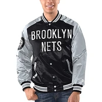 Men's Starter Black/Silver Brooklyn Nets Renegade Satin Full-Snap Varsity Jacket