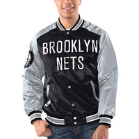 Men's Starter Black/Silver Brooklyn Nets Renegade Satin Full-Snap Varsity Jacket