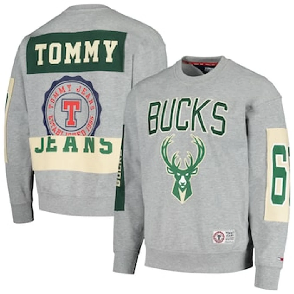 Men's Tommy Jeans Heather Gray Milwaukee Bucks Hayes Crew Neck Pullover Sweatshirt