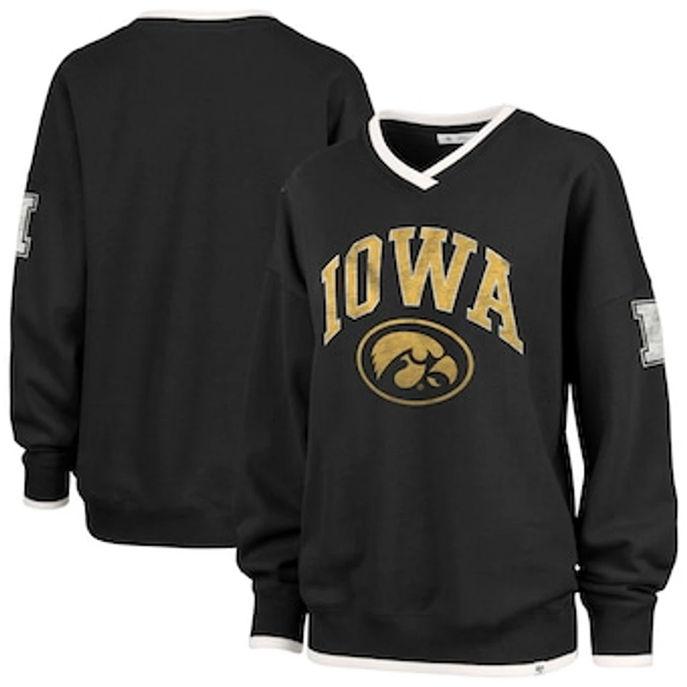 Women's '47 Black Iowa Hawkeyes Clubhouse Daze Eighty V-Neck Pullover Sweatshirt