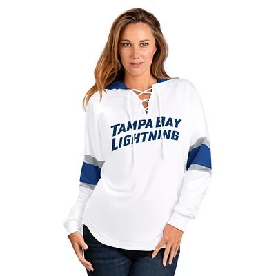 Women's G-III 4Her by Carl Banks White/Blue Tampa Bay Lightning Goal Zone Long Sleeve Lace-Up Hoodie T-Shirt