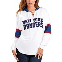 Women's G-III 4Her by Carl Banks White/Blue New York Rangers Goal Zone Long Sleeve Lace-Up Hoodie T-Shirt