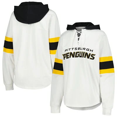 Women's G-III 4Her by Carl Banks White/Black Pittsburgh Penguins Goal Zone Long Sleeve Lace-Up Hoodie T-Shirt