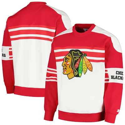 Men's Starter White Chicago Blackhawks Defense Fleece Crewneck Pullover Sweatshirt