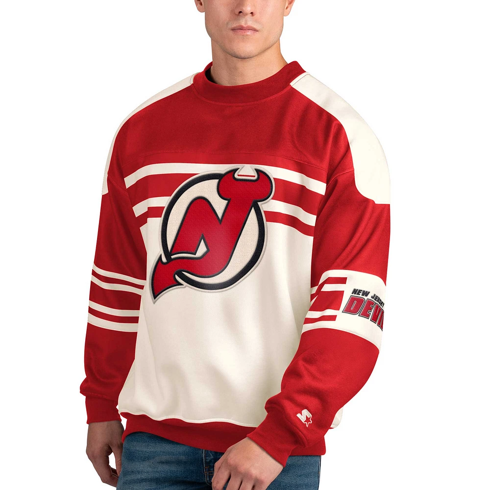 Men's Starter White New Jersey Devils Defense Fleece Crewneck Pullover Sweatshirt