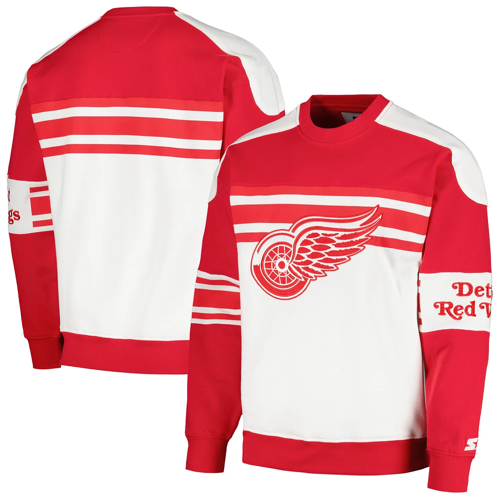 Men's Starter White Detroit Red Wings Defense Fleece Crewneck Pullover Sweatshirt