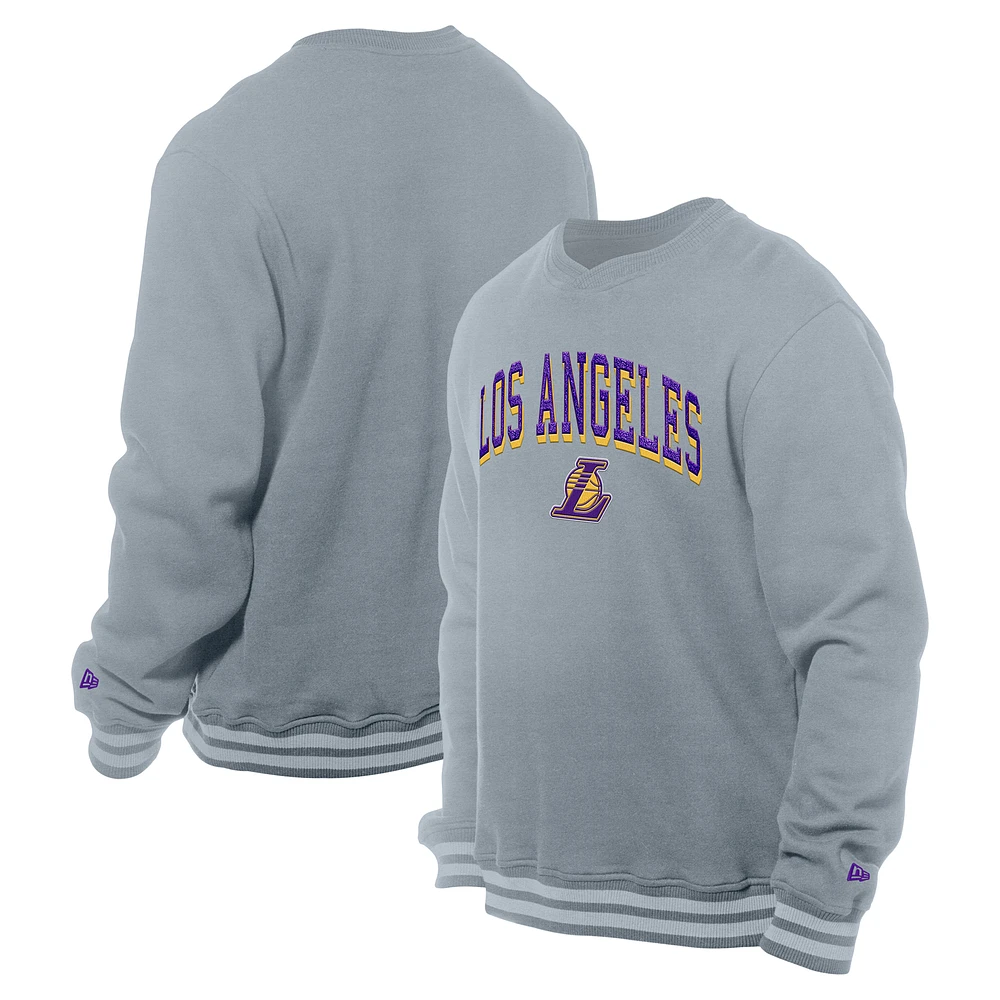 Men's New Era Gray Los Angeles Lakers Chenille Cross Over Pullover Sweatshirt