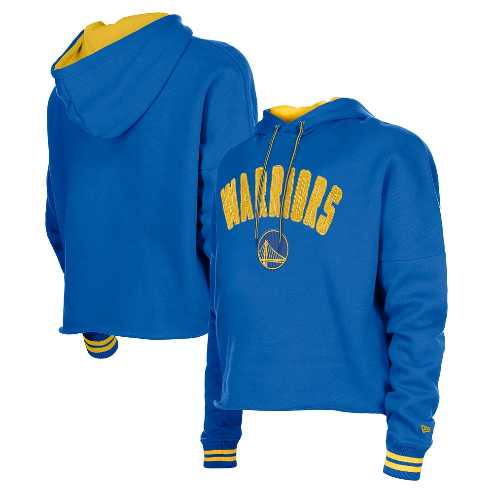 Women's New Era  Royal Golden State Warriors Boxy Raw Edge Pullover Hoodie