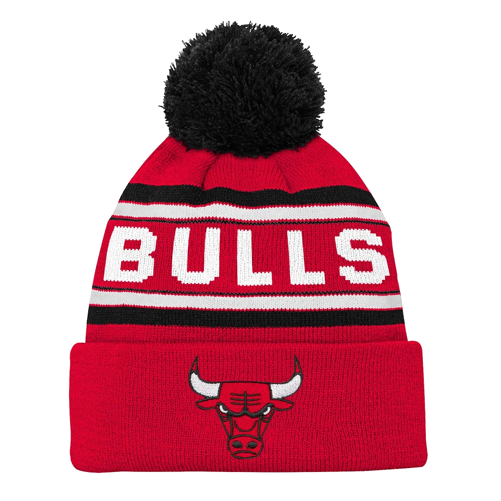 Youth Red Chicago Bulls Backboard Jacquard Cuffed Knit Hat with Pom