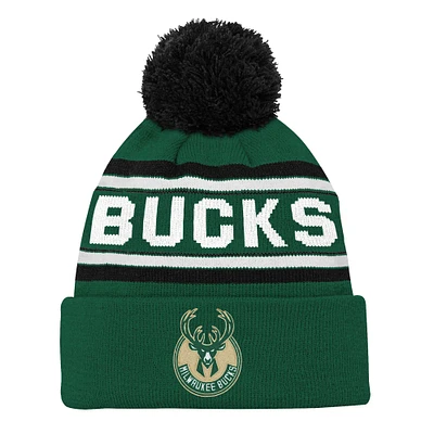 Youth Hunter Green Milwaukee Bucks Backboard Jacquard Cuffed Knit Hat with Pom