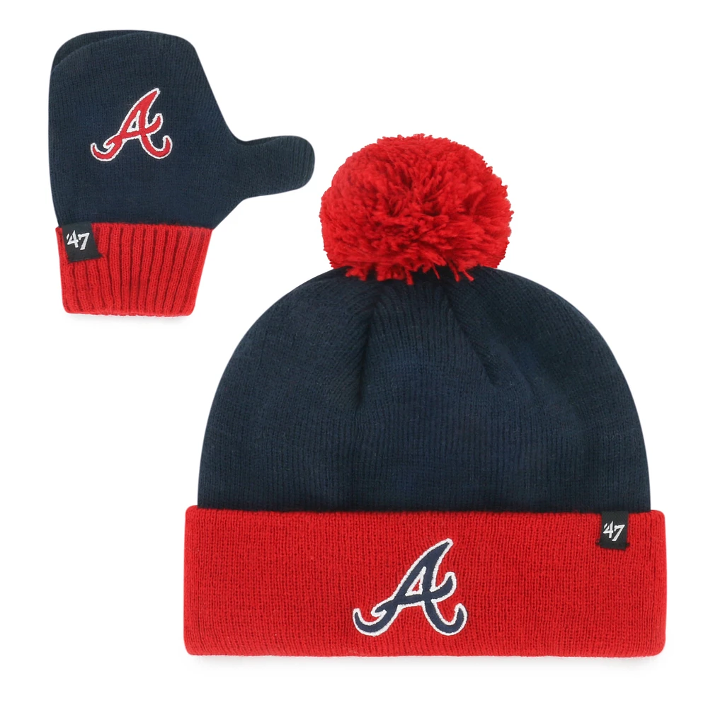 Toddler '47 Navy Atlanta Braves Bam Bam Cuffed Knit Hat with Pom & Mittens Set