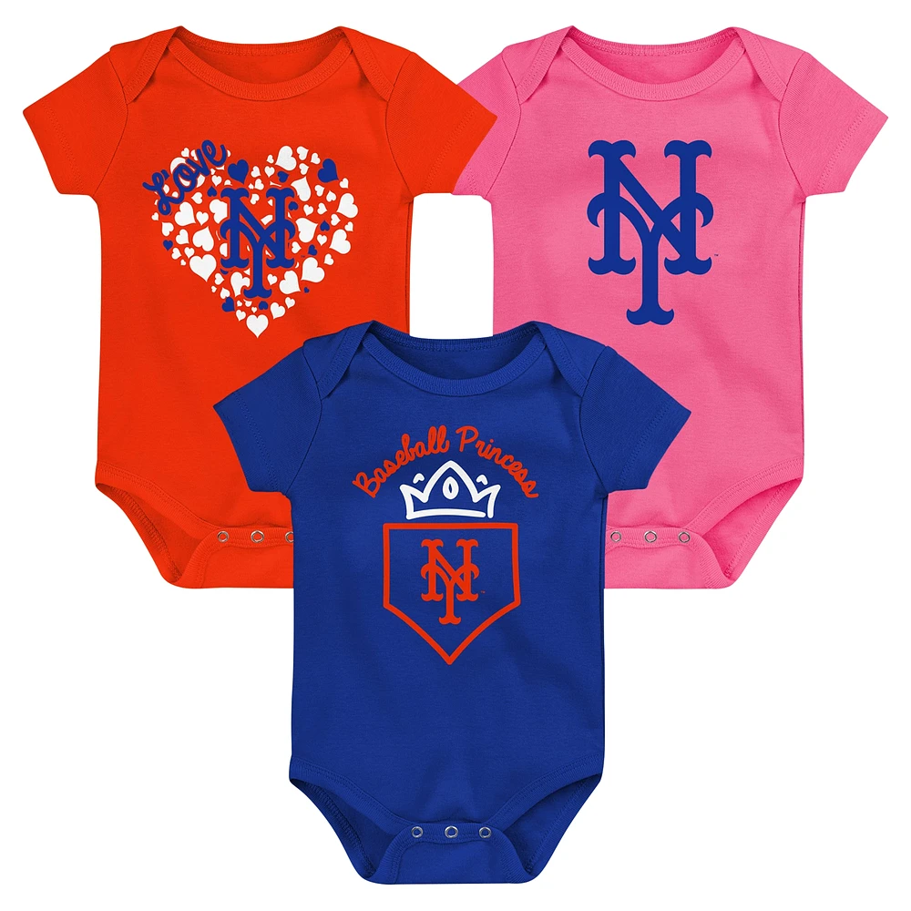 Infant Fanatics Royal/Orange/Pink New York Mets Three-Pack Home Run Bodysuit Set