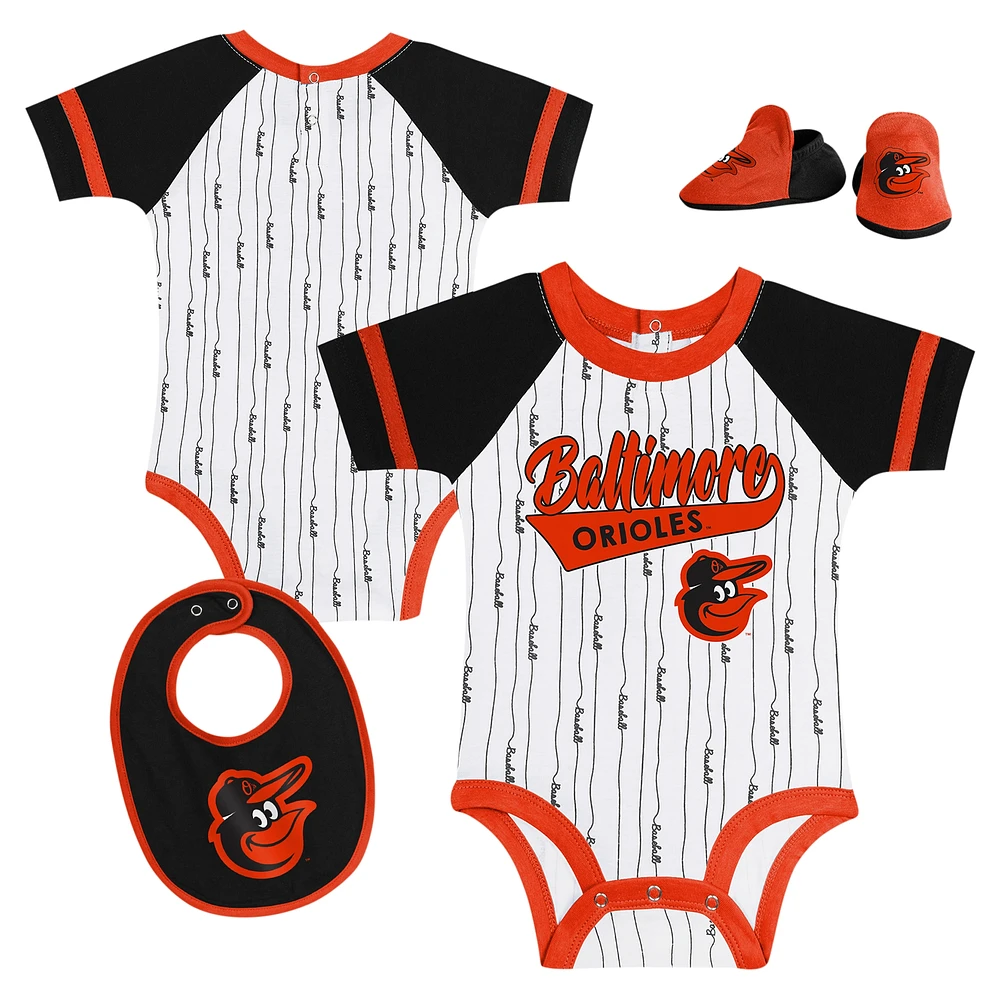 Newborn & Infant White Baltimore Orioles Base Hitter Bodysuit, Bib Bootie Set