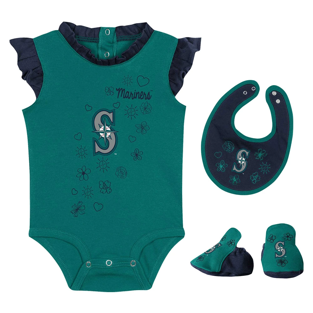 Girls Newborn & Infant Fanatics Aqua Seattle Mariners Happy Baseball Bodysuit, Bib Bootie Set