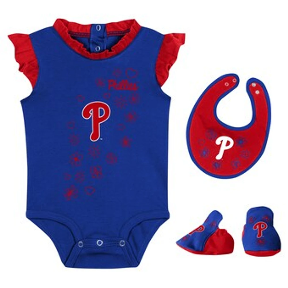 Girls Newborn & Infant Fanatics Royal Philadelphia Phillies Happy Baseball Bodysuit, Bib Bootie Set